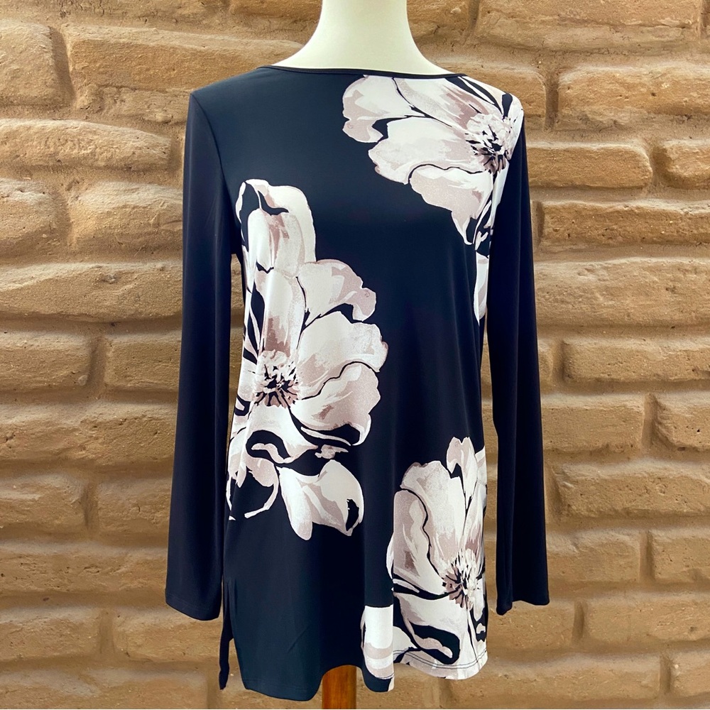 Chico’s Black Floral-Front Tunic - “Stamped Blooms” Print - Size 0 (Small)